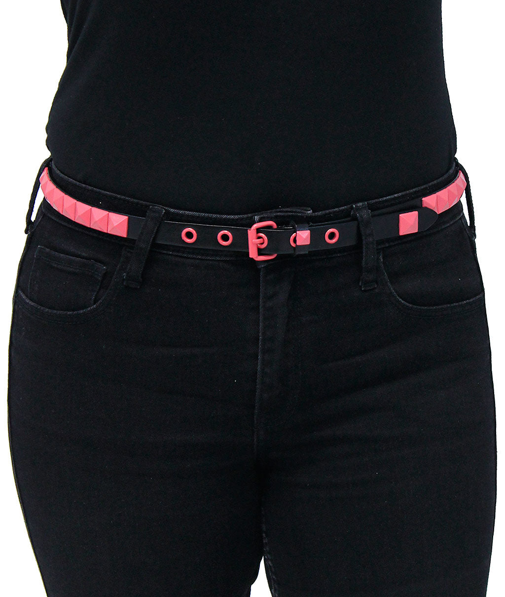 Narrow Pink Pyramid Studded Leather Belt - SPECIAL #BTBY138PP