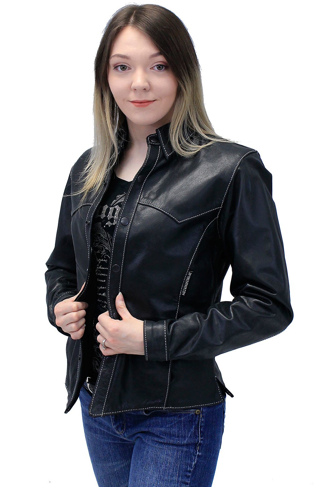 Women's Lightweight Ultra Premium Leather Shirt w/White Stitching #LS431GWK (S-M)