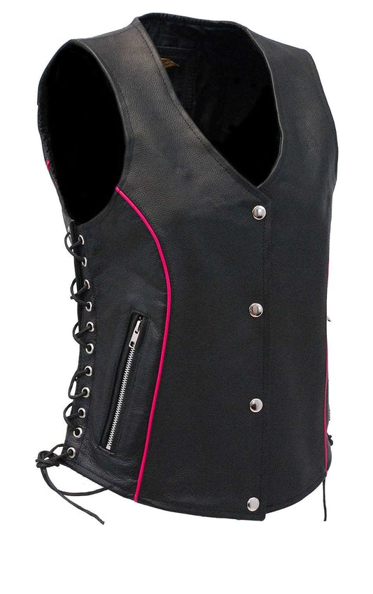 Women's Hot Pink Piping Side Lace Leather Concealed Pocket Vest #VL68502GHP (XS-3X)