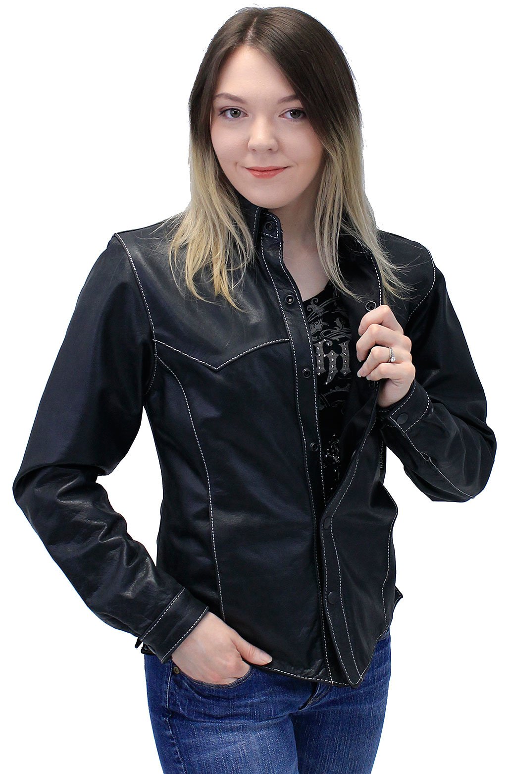 Women's Lightweight Ultra Premium Leather Shirt w/White Stitching #LS431GWK (S-M)