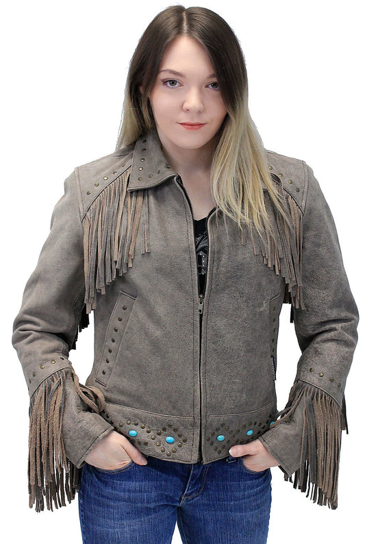 Turquoise and Fringe Brown Leather Jacket for Women #L17081ZFTN