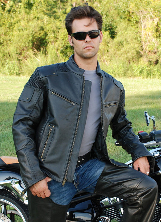 Men's Ultimate Black Racer Vented Motorcycle Jacket CC  Pockets #M6633RVZK (S, 2X-5X)