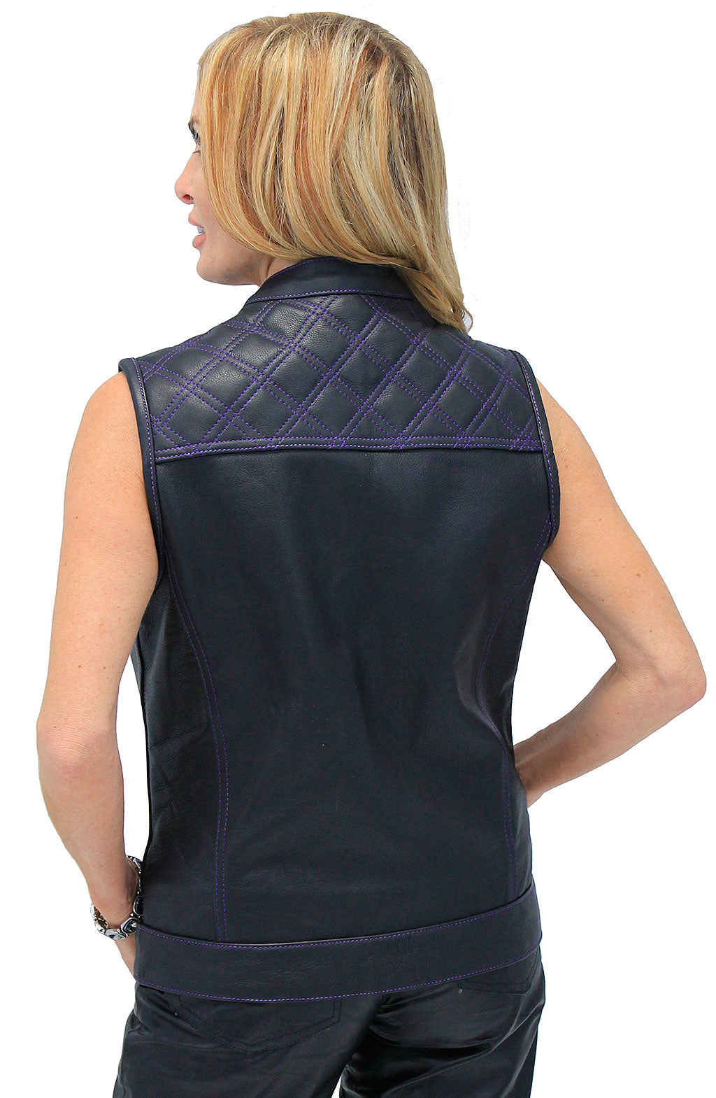 Purple Stitched Leather Club Vest w/Easy Access Concealed Pocket #VL689617QP