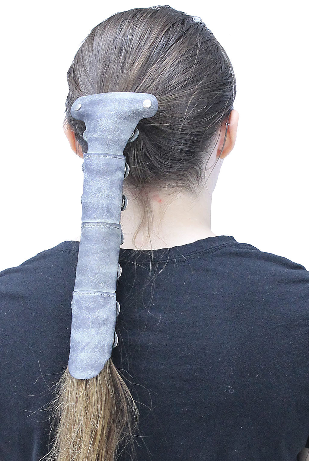 Antiqued Gray Leather Hair Tube with Barrette #AHW2400GY