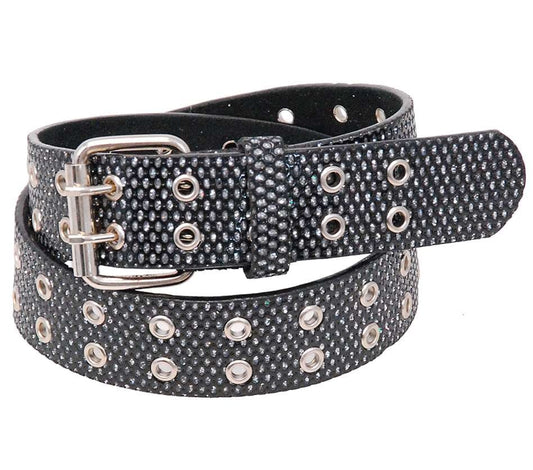 Black Shimmer Double Prong Leather Belt - SPECIAL #BTCBW1077K