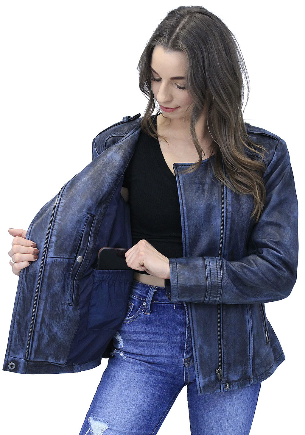 Women's Blue Beauty Leather Jacket CC Pocket #LA60624GU