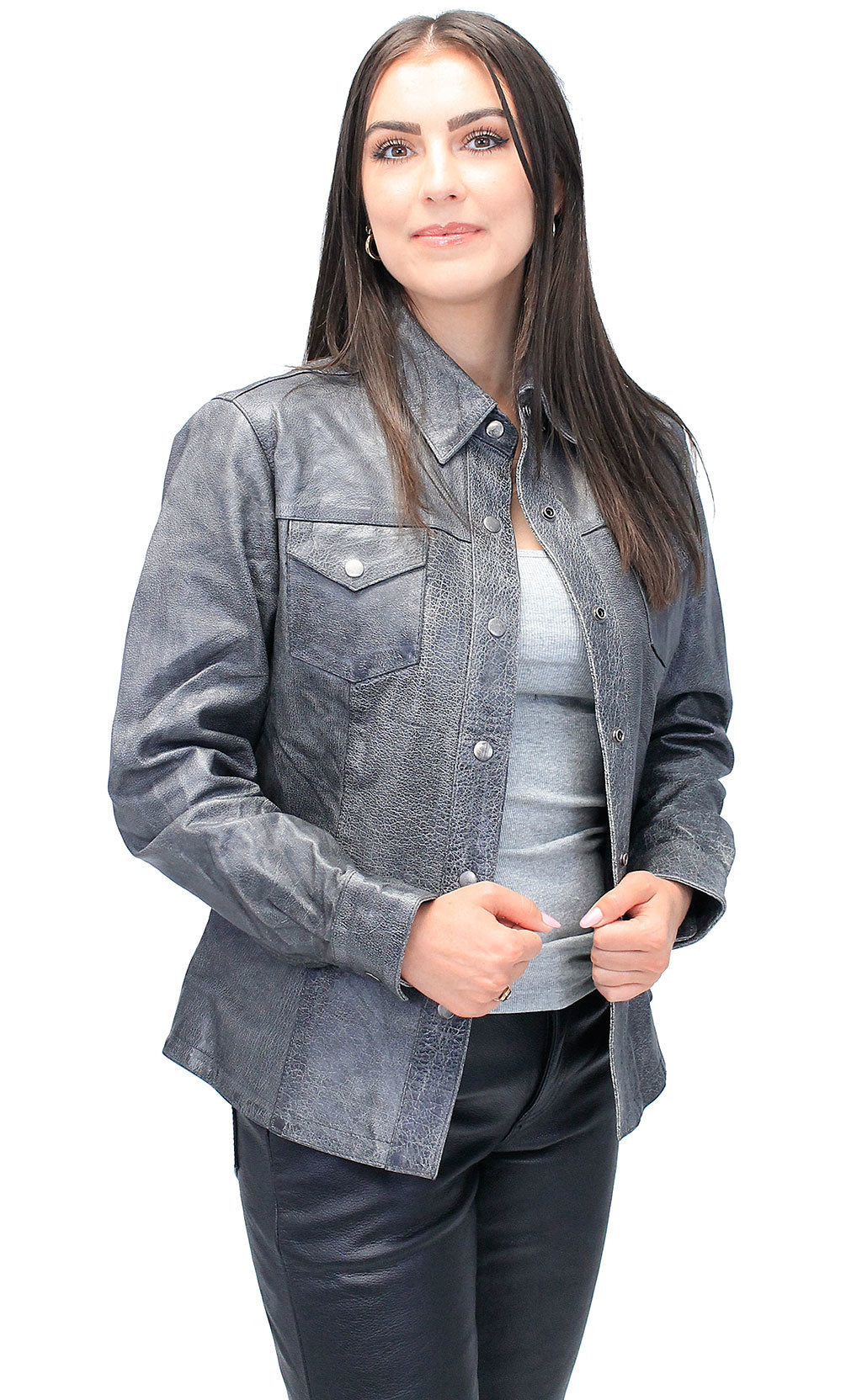 Women's Vintage Gray Leather Shirt #LS8623GY (M-2X)