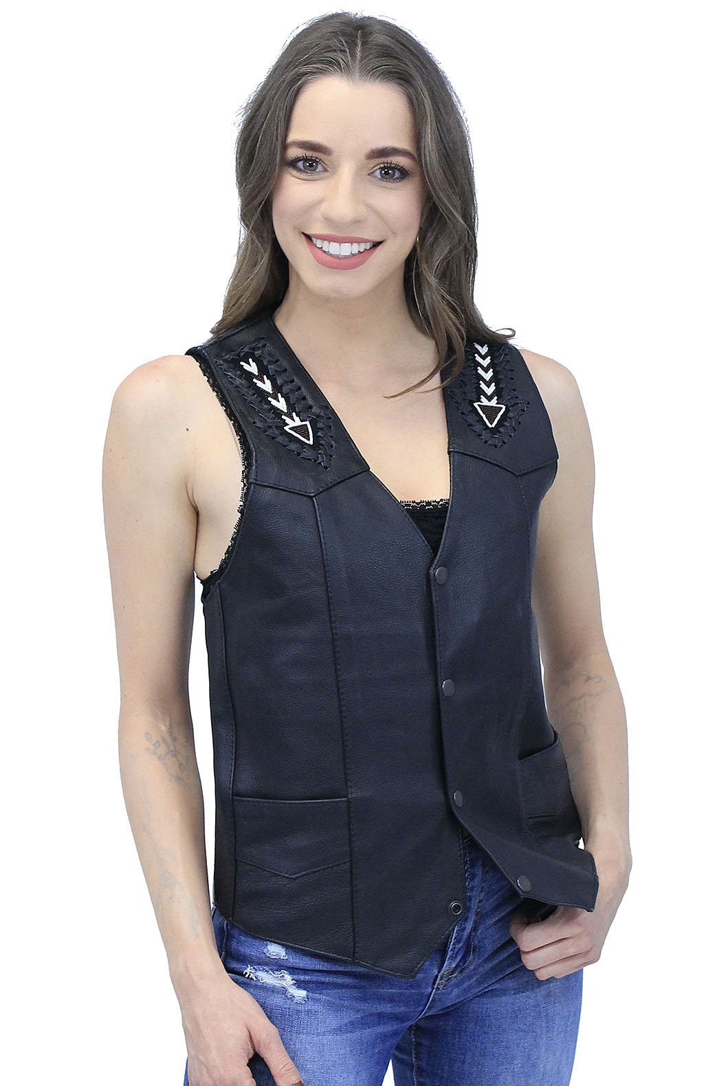 Hand Lace and Indian Bead Inlay Leather Vest #VM641BDK (36-46)