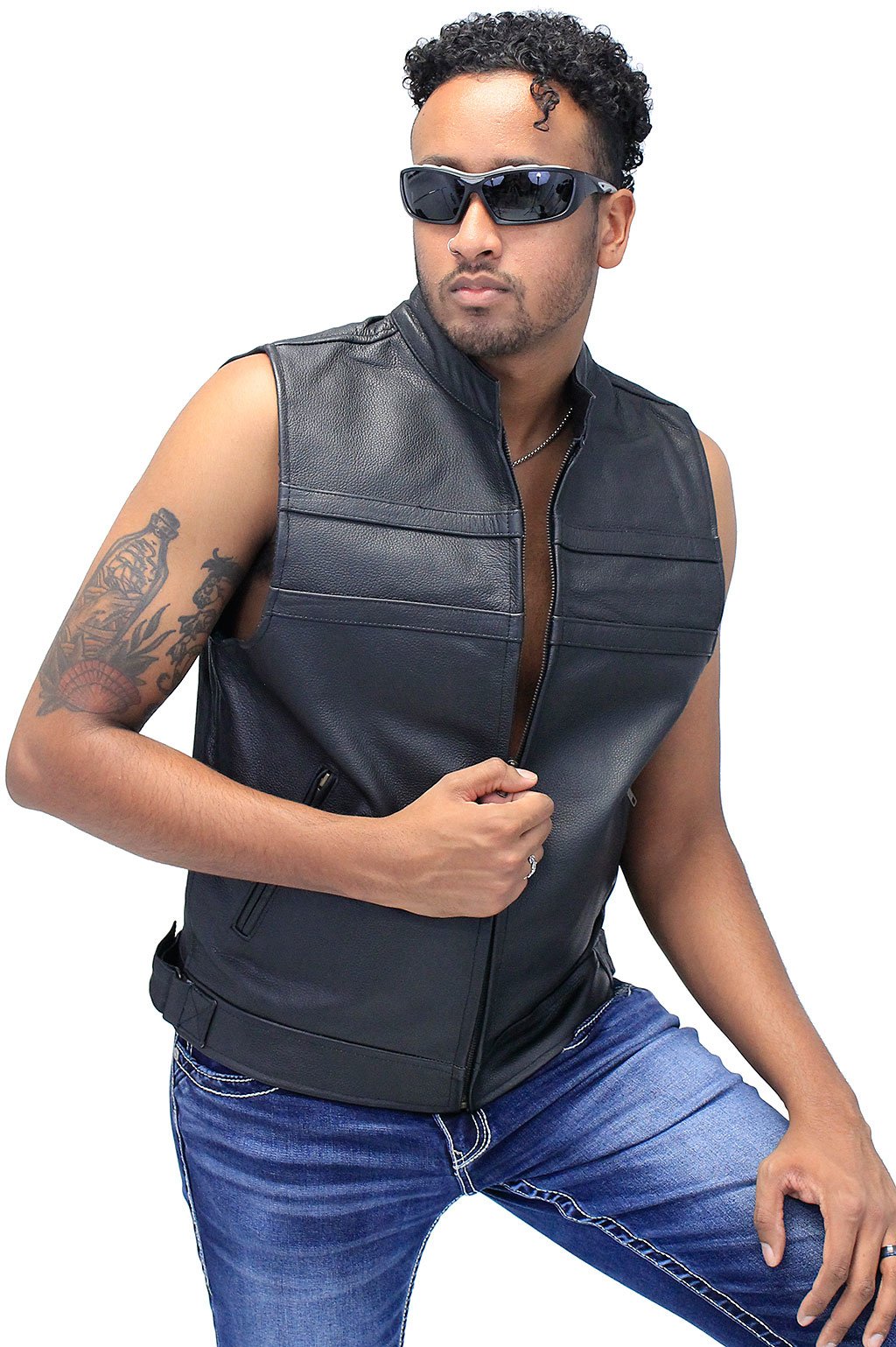 Striped Zip Front Men's Leather Vest #VM1366Z (XL-3X)