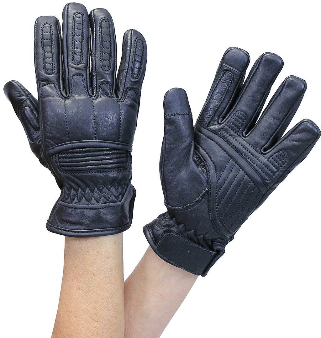 Women's Black Leather Padded Riding Gloves w/Cell Phone Fingertips #G81690K