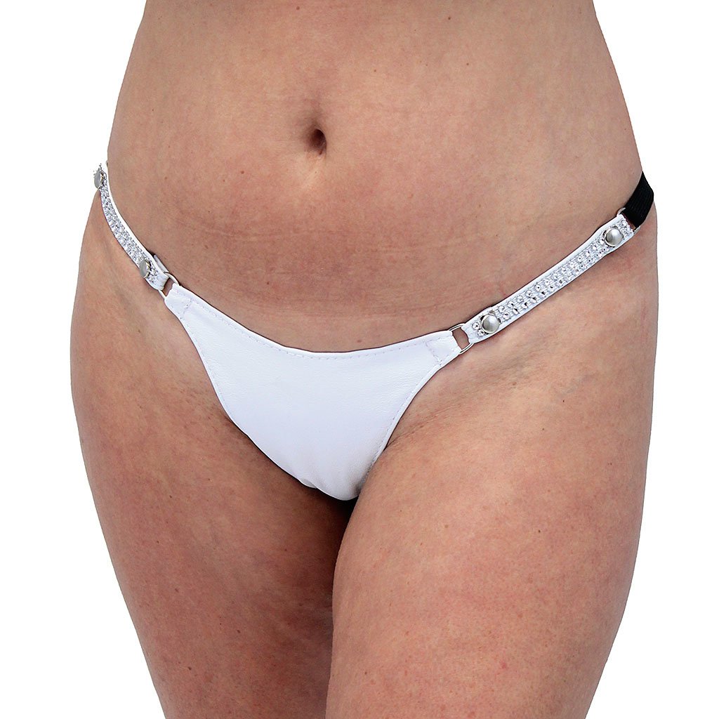 Snap Away White Leather Thong with Crystal Sides #UGTB201WCRW