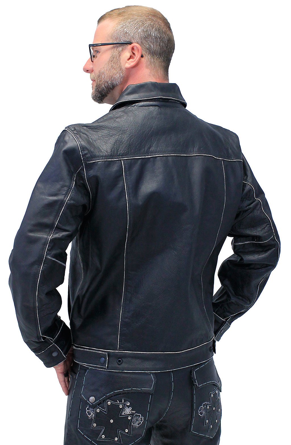 Black Vintage Leather Jean Jacket with Concealed Pockets #MA6643K