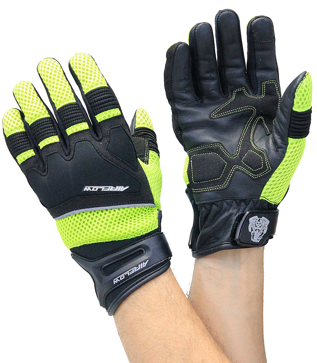 Green Mesh Motorcycle Gloves with Leather Palm & Reflectors #GC4344VRN