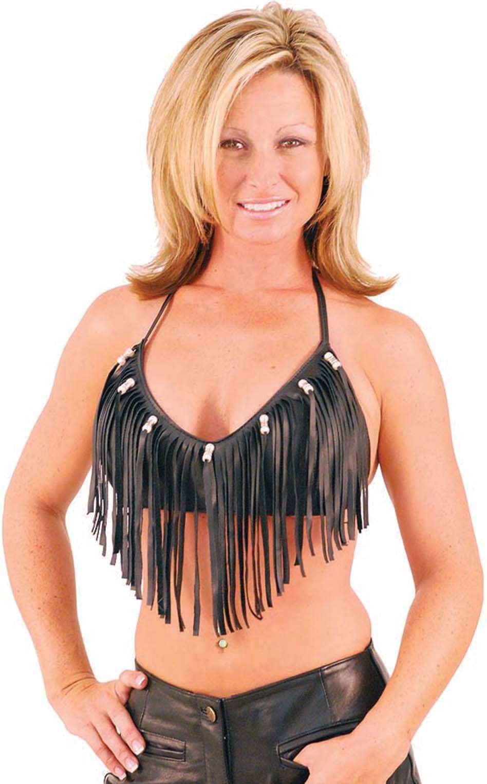 (d) Fringe & Bead Leather Halter #LH9073FBK