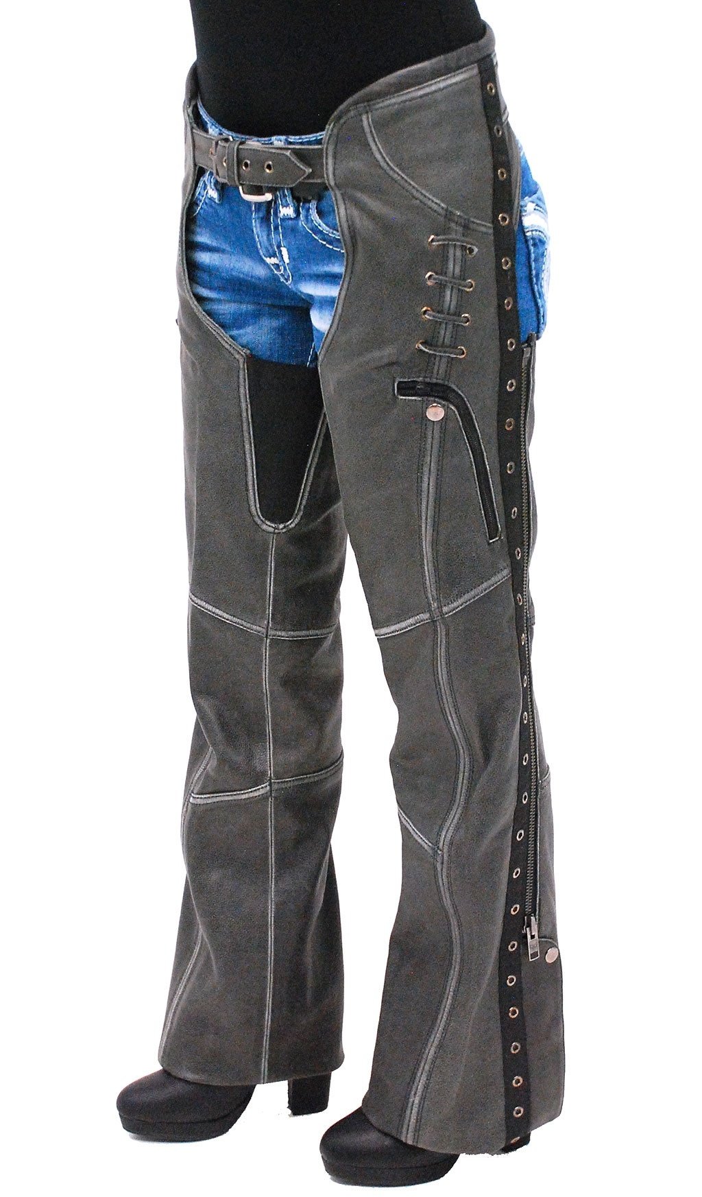 Eyelet Trim Stretch Thigh Vintage Gray Leather Chaps w/Zip Pocket #CL6536EYGY