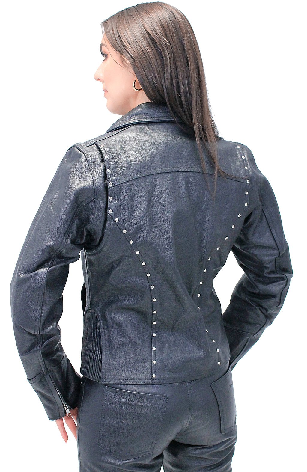 Black Rivet Trim Cowhide Motorcycle Jacket #L4042RZK (XS-S, 3X)