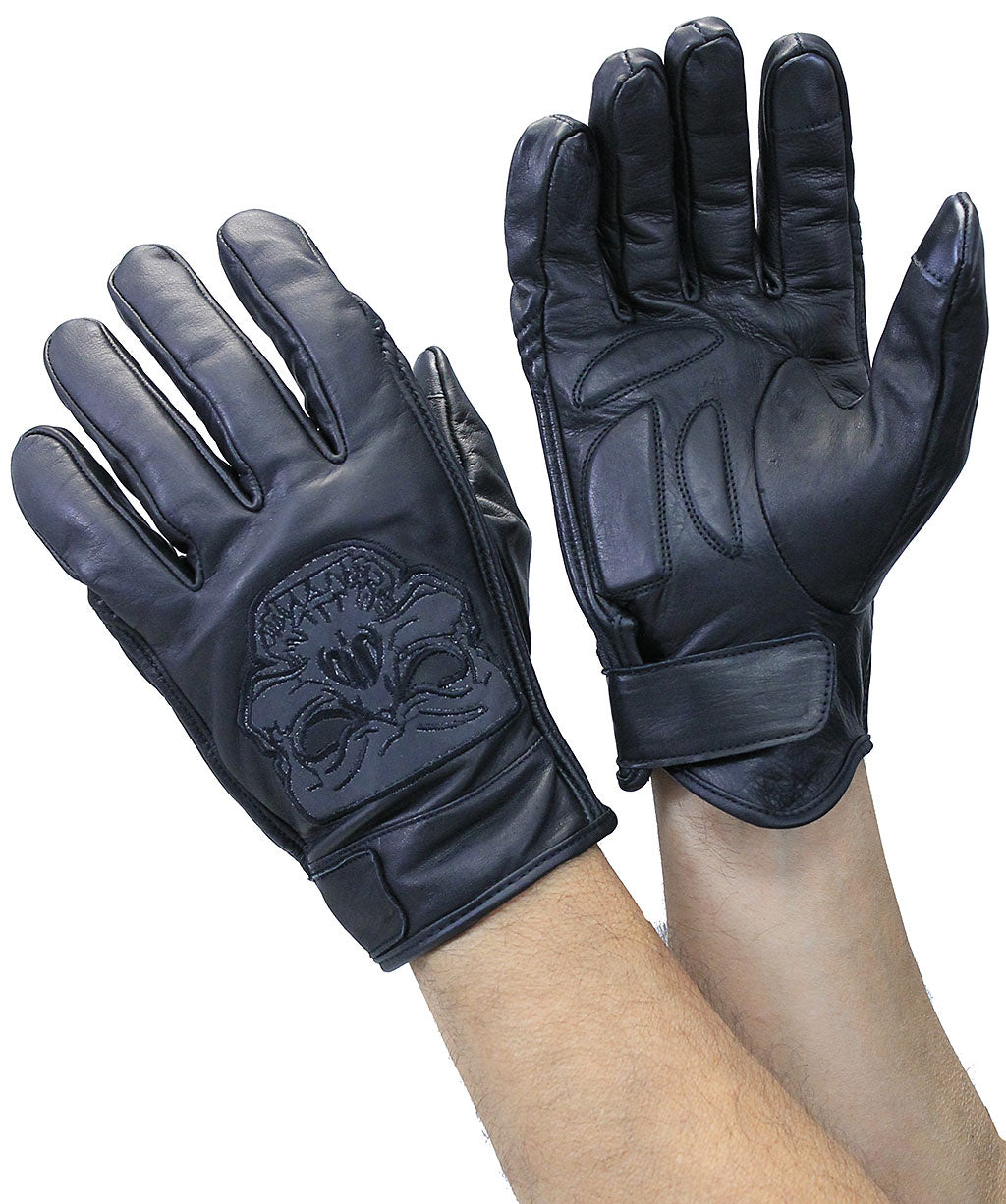 Reflective Skull Leather Gloves w/Padded Palms #G8241RSK