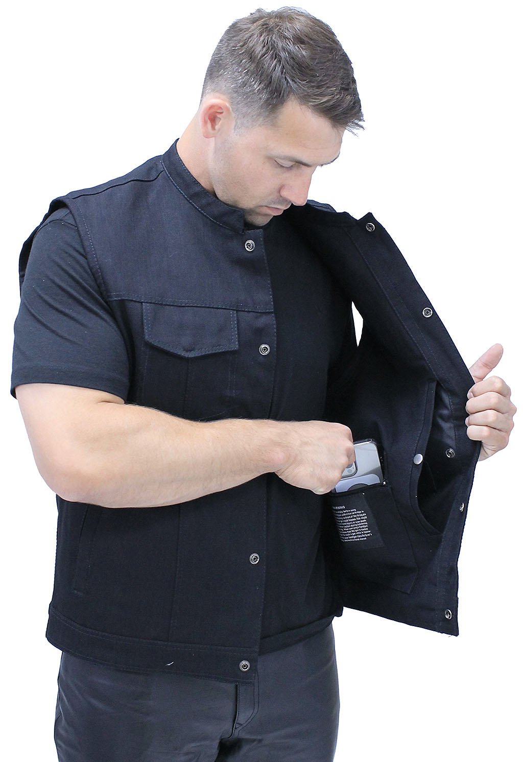 Black Denim Snap Up Club Vest w/Concealed Pocket #VMC3200K