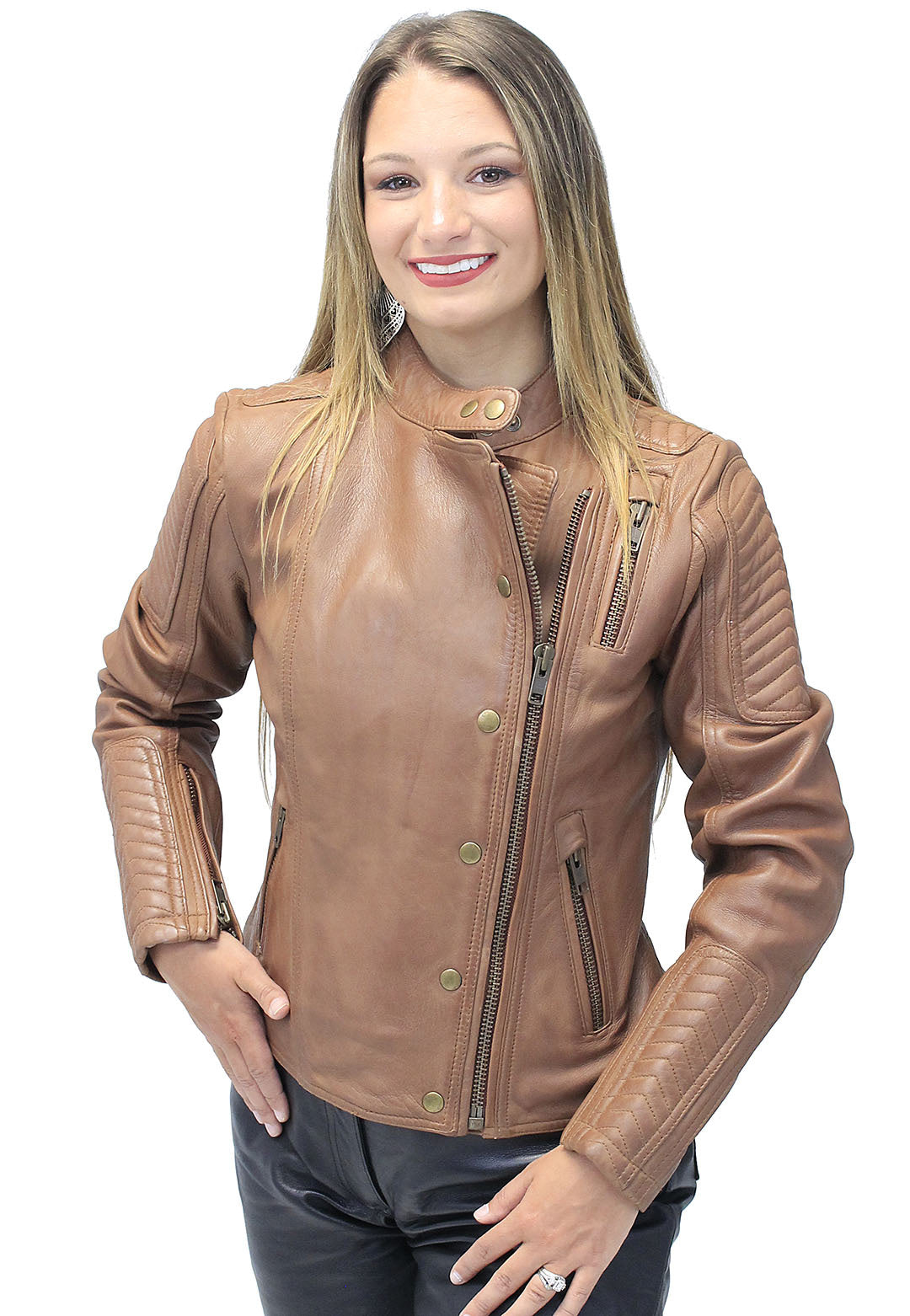 Women's Soft Brown Lambskin Zip Snap Motorcycle Jacket #L1587N  (S-5X)