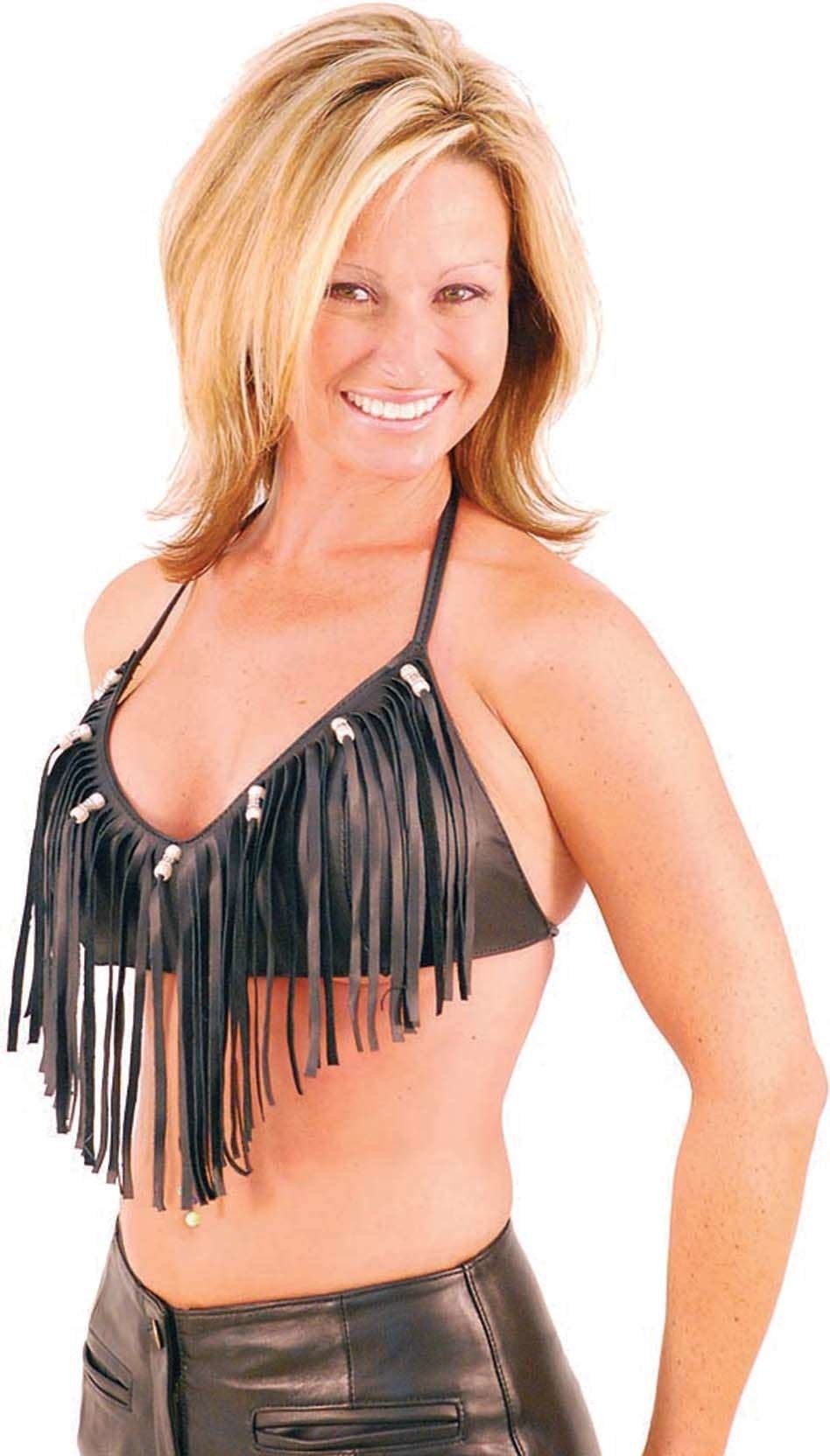 (d) Fringe & Bead Leather Halter #LH9073FBK