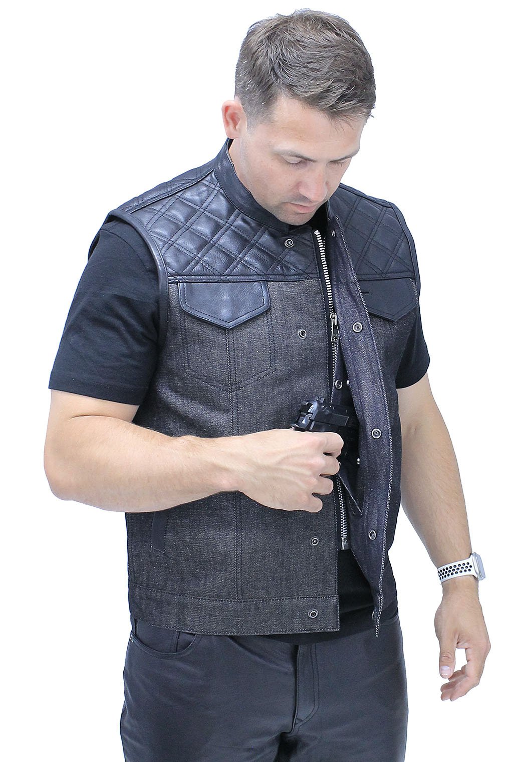 Black Denim Leather Quilt Concealed Pockets Club Vest #VM6676DGQK