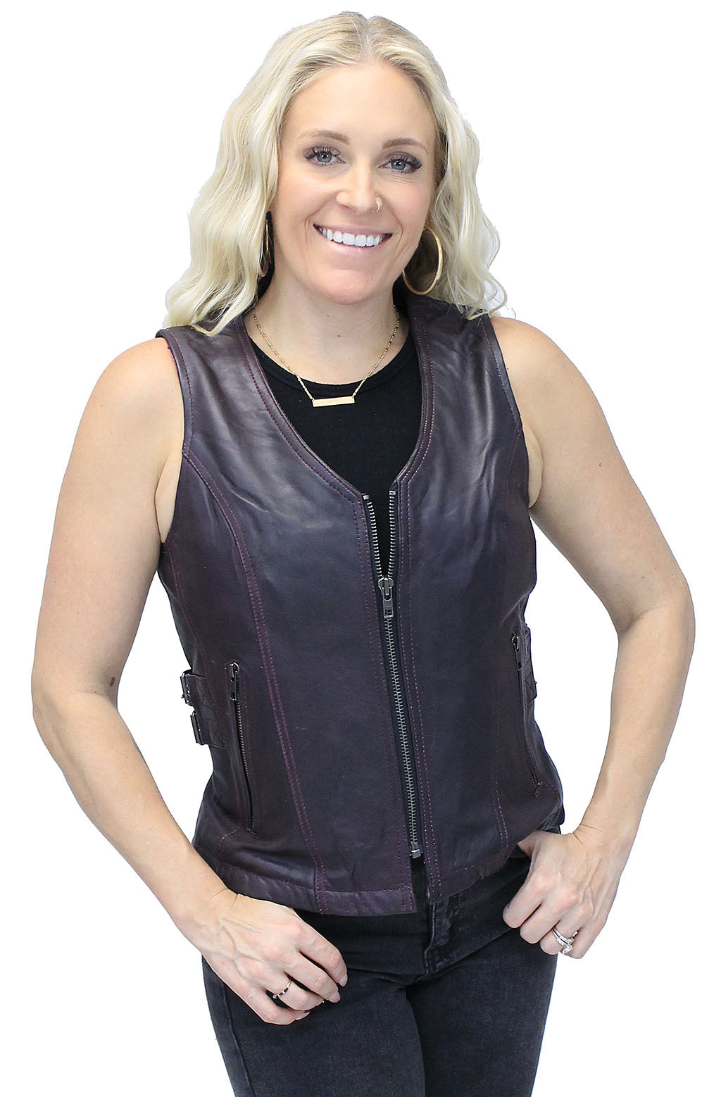 Purple Side Buckle Leather Vest w/CC Pockets and Zipper #VL689317ZP