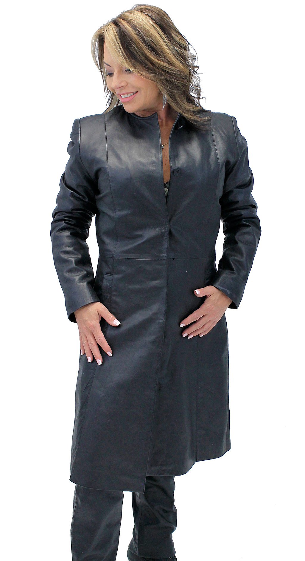 Collar Free Long Lambskin Leather Coat for Women #L1502398ZK (S-3X)