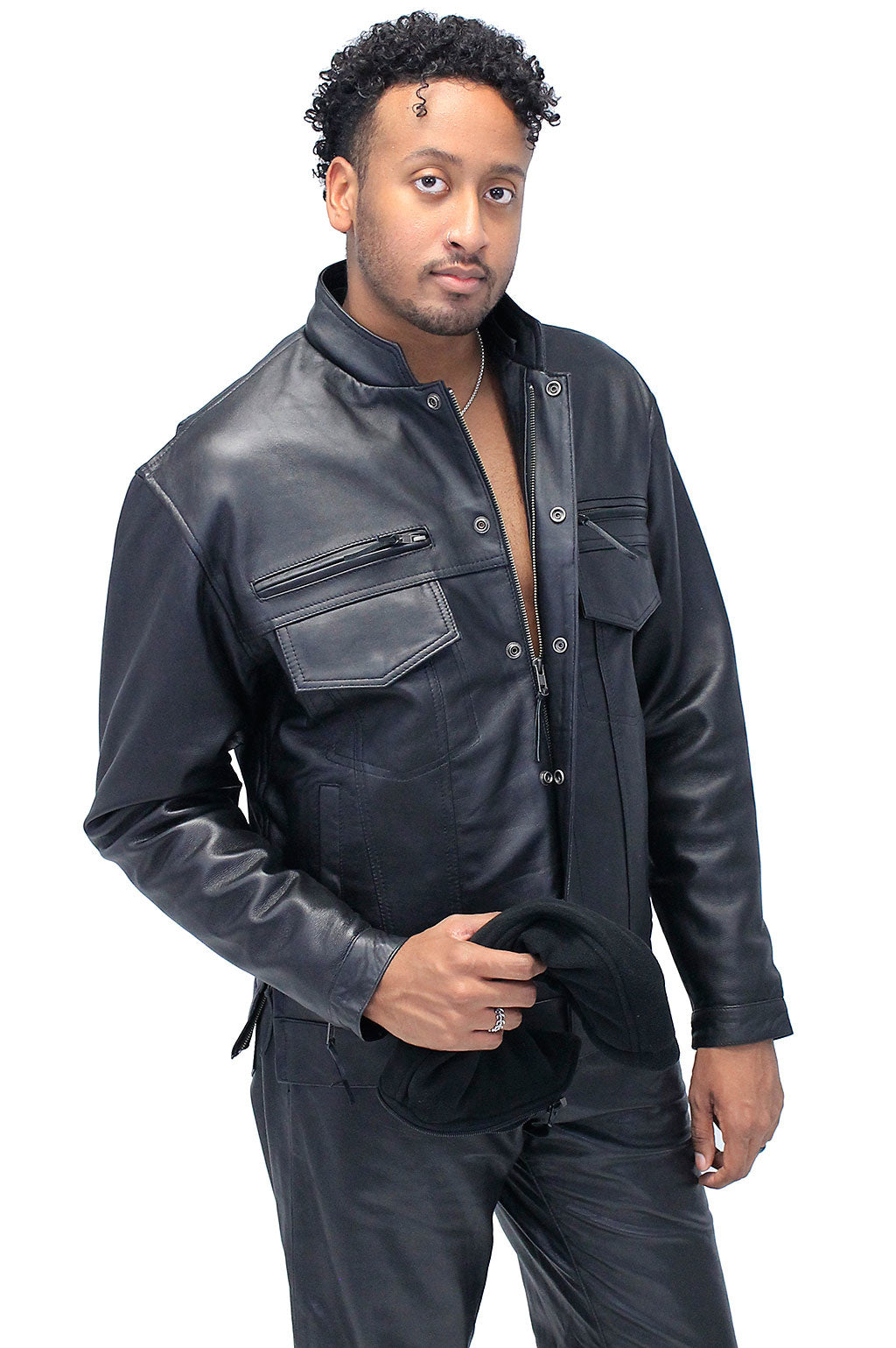 Men's Black Lambskin Hooded Jean Jacket w/Vents #M6905GHK