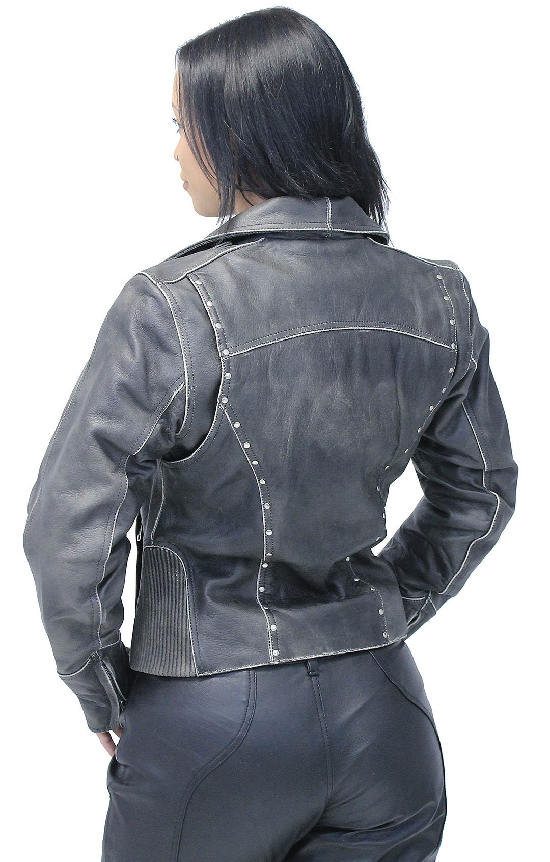 Rivet Trim Vintage Leather Motorcycle Jacket for Women #LA4041ZRDN (S-3X)