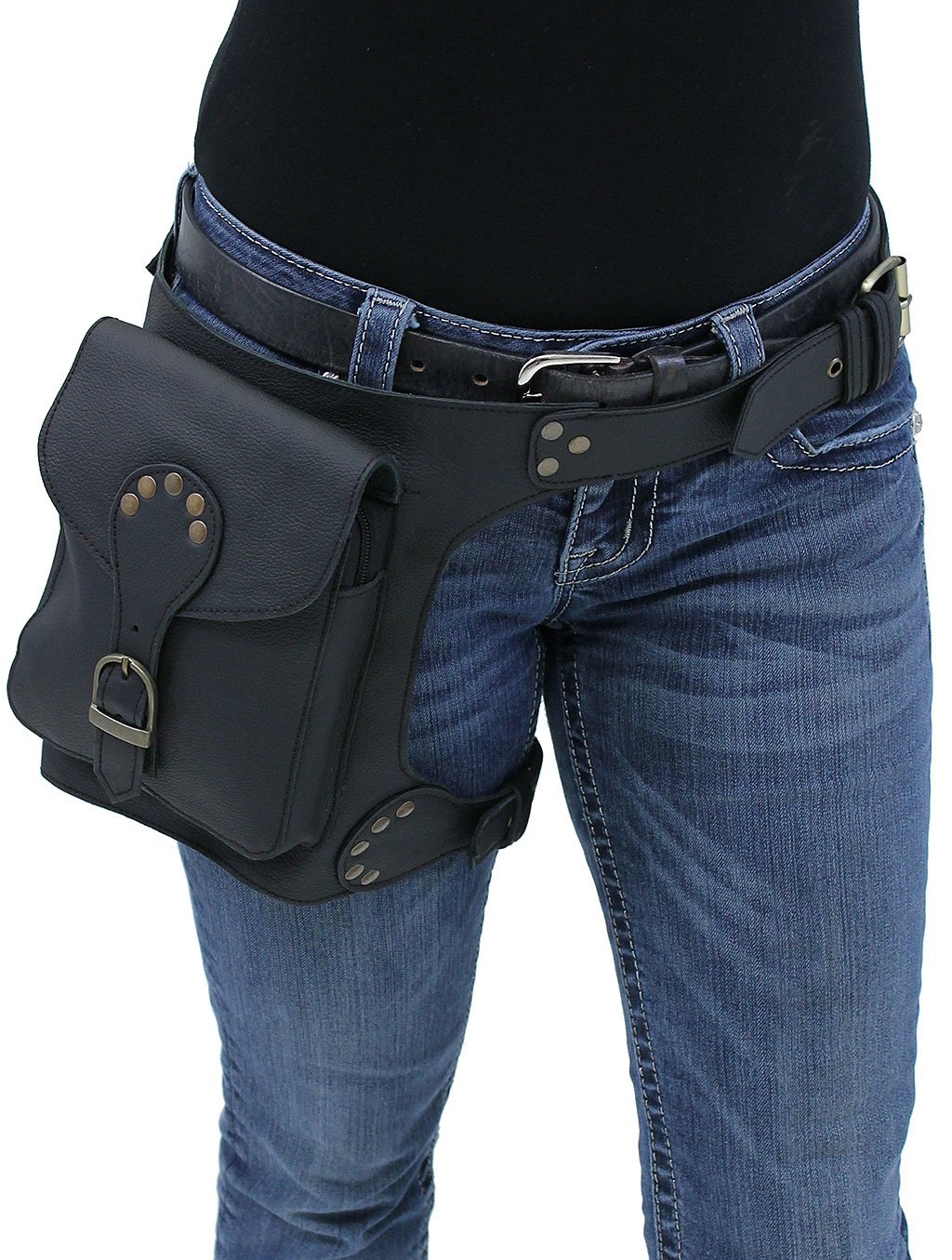 (d) Heavy Leather Thigh Bag with Wide Buckle Straps #TB702031K