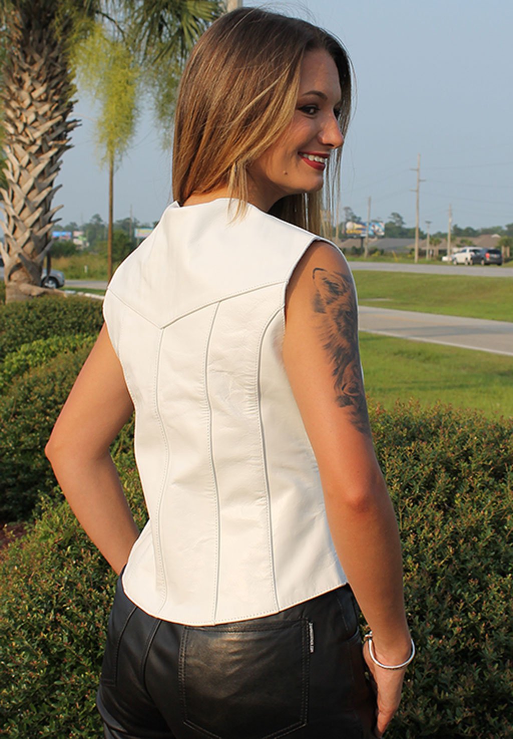 Long Ladies White Leather Vest #VL1227W