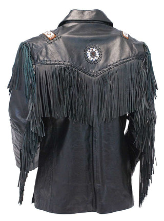 (d) Tribal Bead Black Leather Fringe Jacket #M2537BBFK (L-XL)