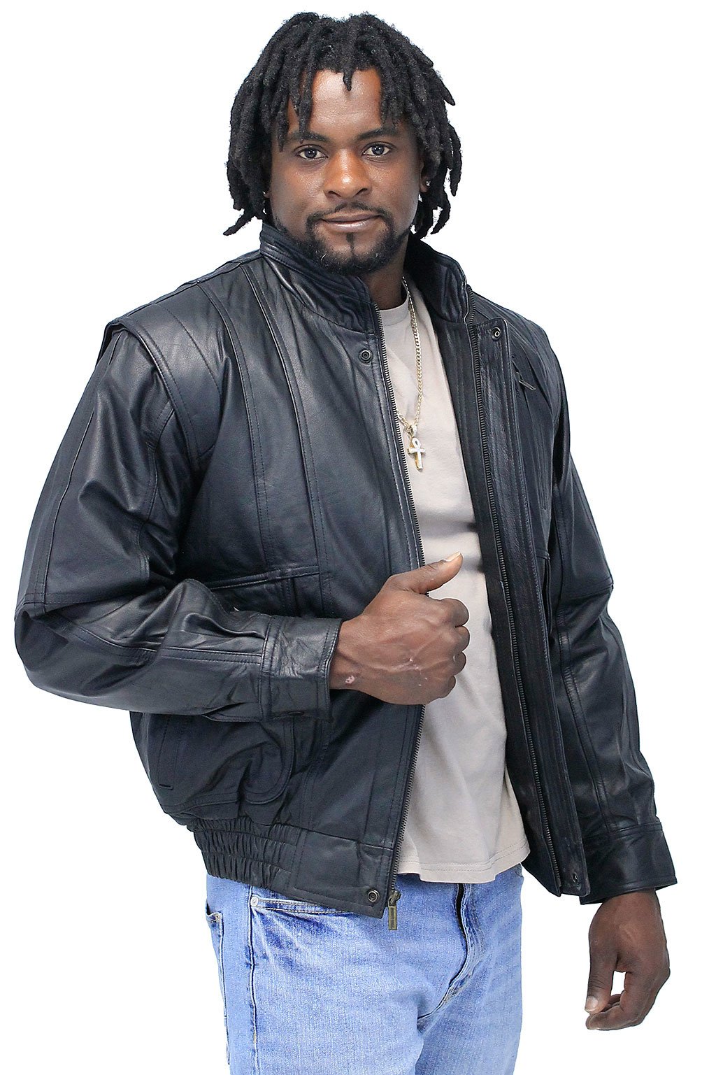 Black Leather Bomber Jacket w/Mandarin Collar #M511ZK (XS-M)