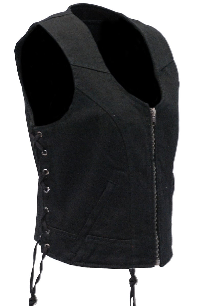 Women's Side Lace Black Denim Zip Vest #VLC9420LZK