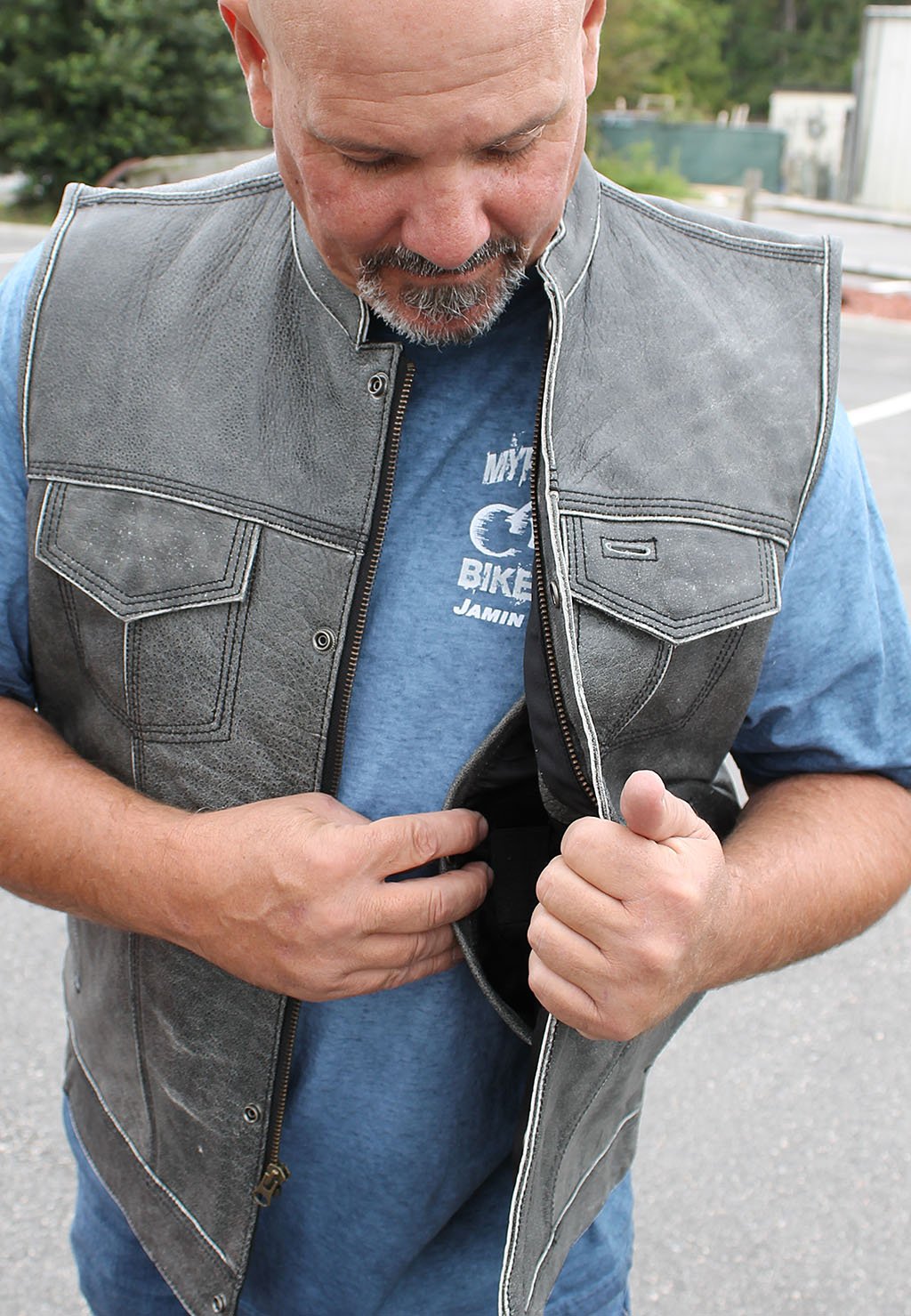 Vintage Gray Leather Concealed Pocket Club Vest #VMA6402ZGY