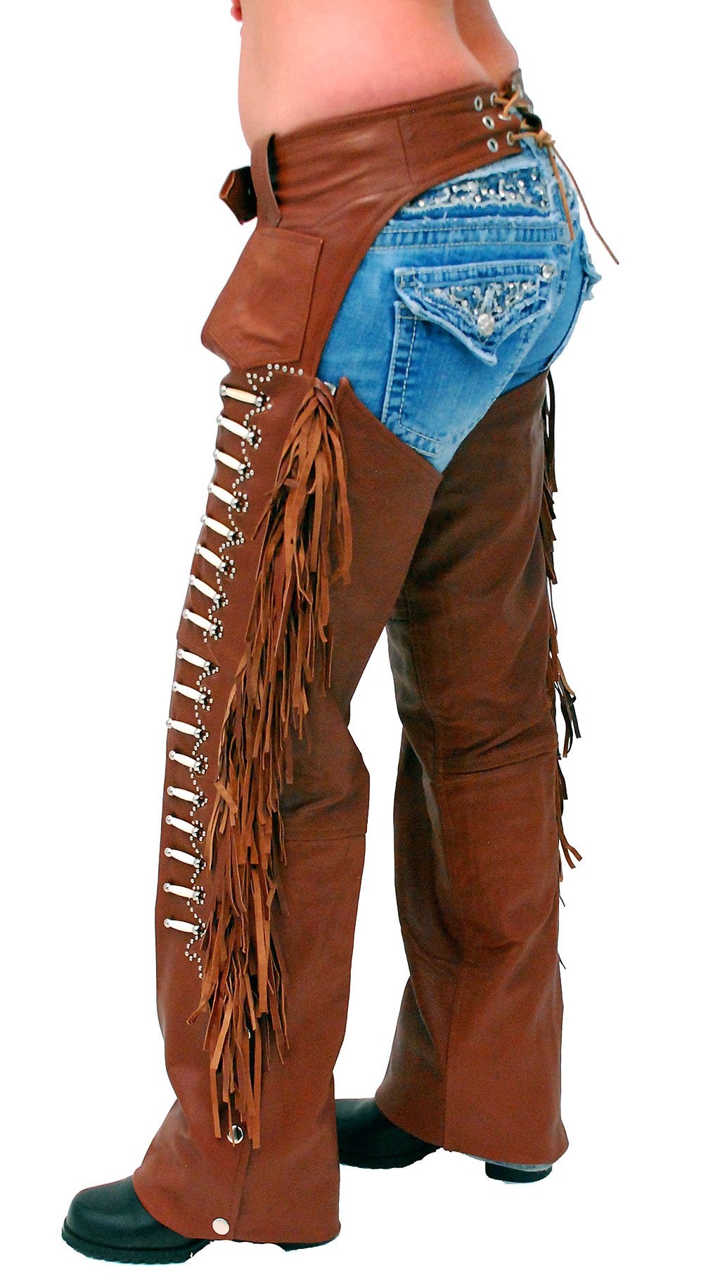 Brown Leather Chaps w/Fringe & Bone Beading #C4300FBN (XS-XL)