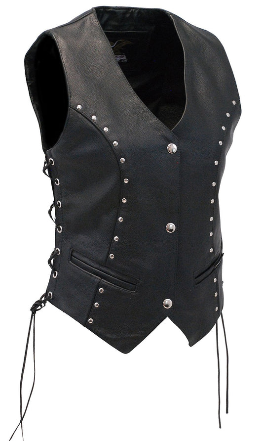 Rivet Stud Trim Side Lace Women's Leather Vest #VL2666SLK (XS-M)