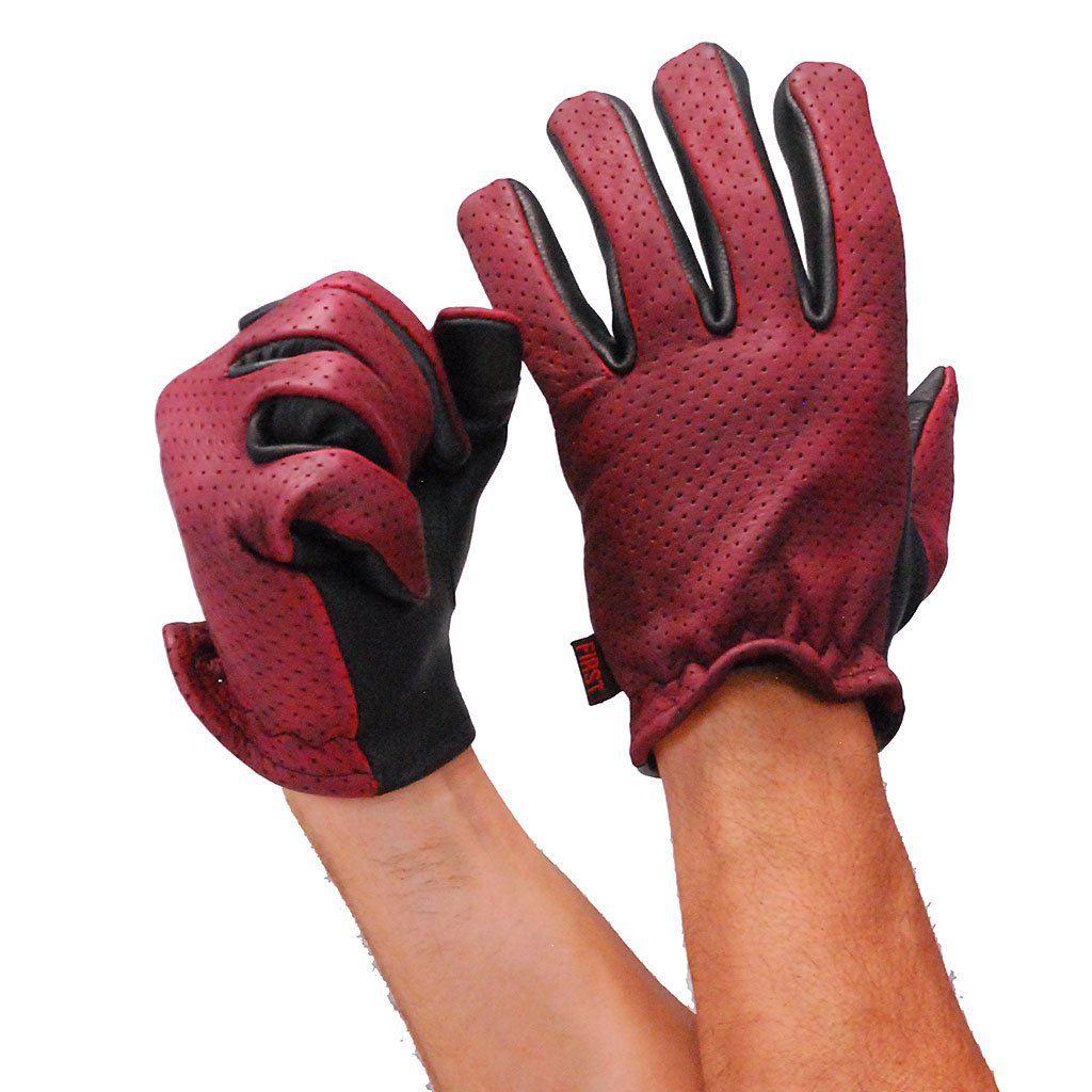 Red/Black Leather Vented Motorcycle Gloves #GM218VBG