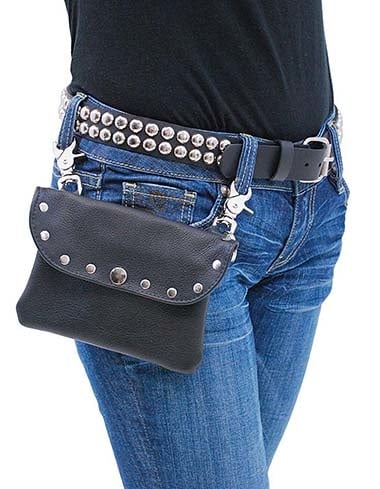 PKK13046RK - Wide Black Leather Clip-On Hip Klip Bag w/Studs #PKK13046RK