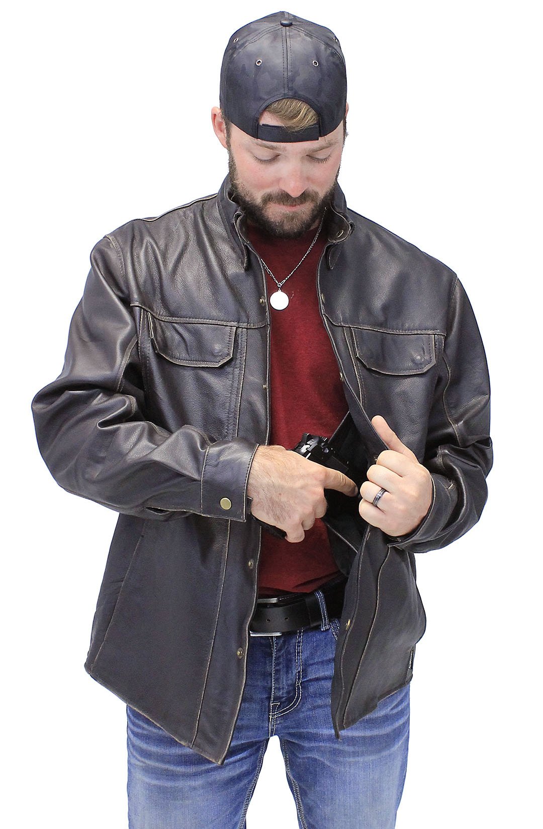 Men's Vintage Brown Leather Shirt w/Concealed Pockets #MSA8672GDN