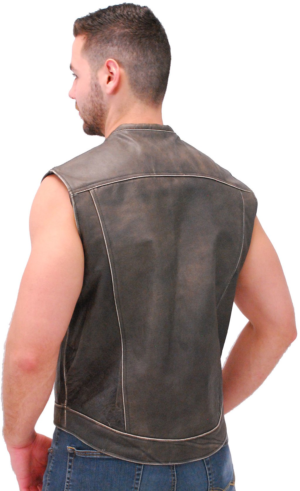 Vintage Brown Leather Club Vest w/Dual Concealed Pockets #VMA1015DN (S-M, 3X-5X)