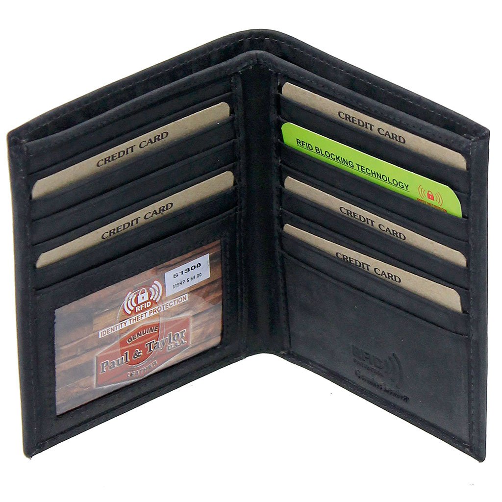 Tall Vintage Black Bifold RFID Wallet w/19 Compartments #WM13080KID