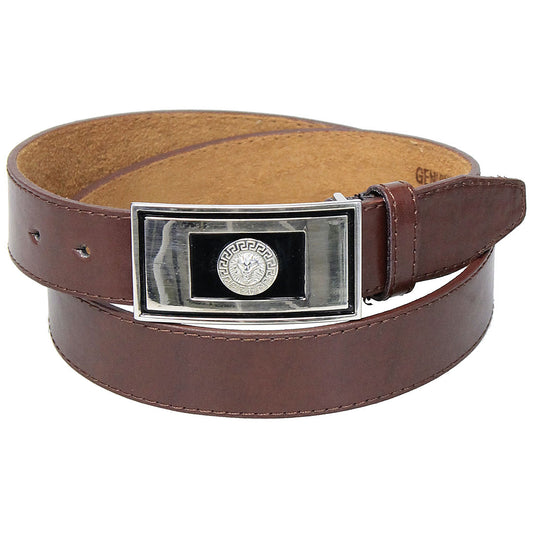 Wide Brown Dress Belt with Rectangular Chrome Buckle #BT2030N -