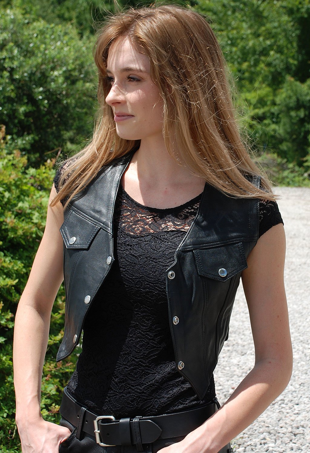 Snap-Up Jean Style Black Leather Crop Vest #VL1110CK (L-2X)