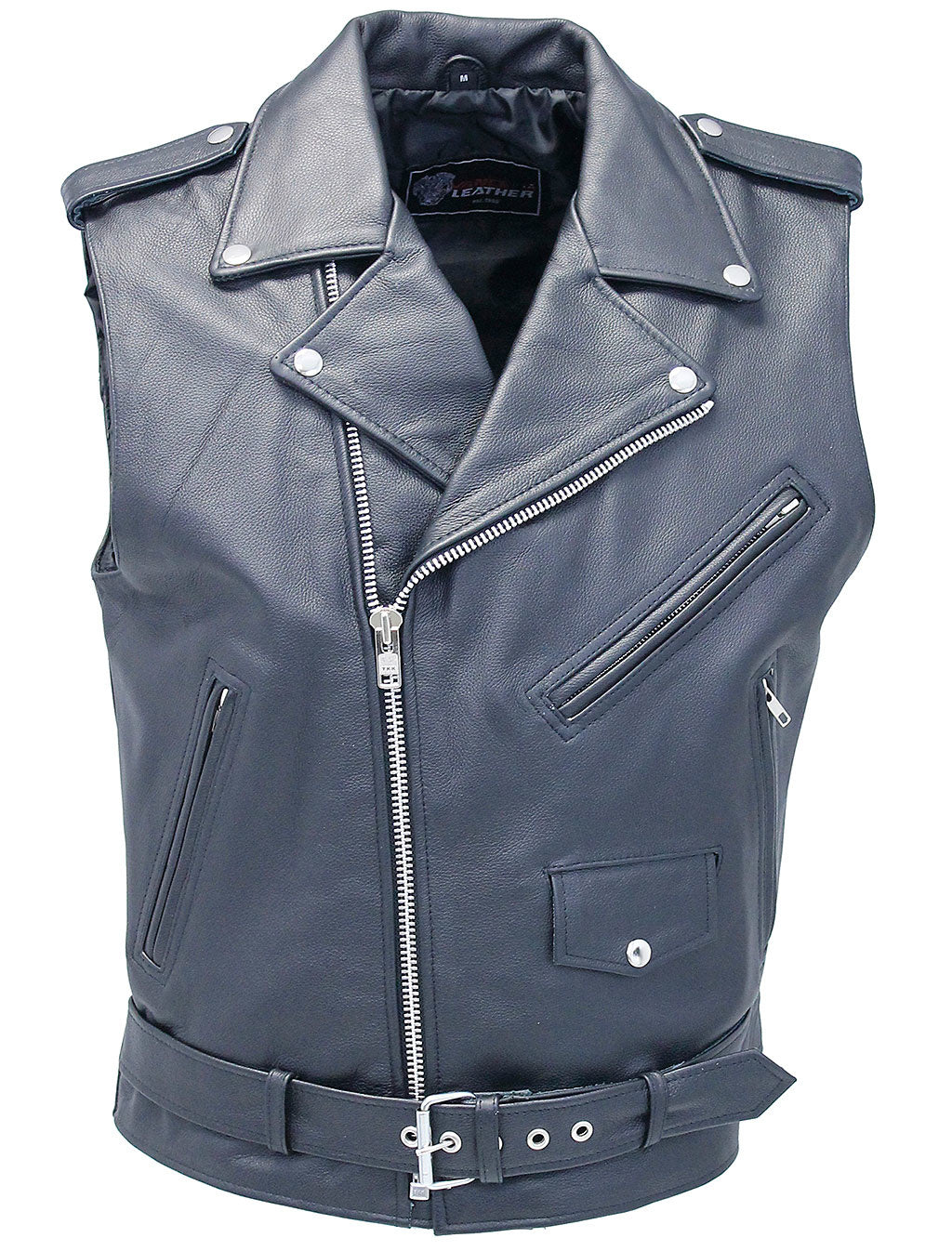 Classic Black Leather Motorcycle Vest w/Concealed #VM926GK