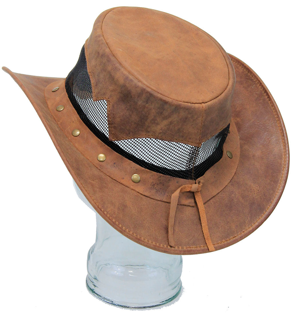 Leather & Nylon Mesh Crushable Outback Hat #H92151RVT