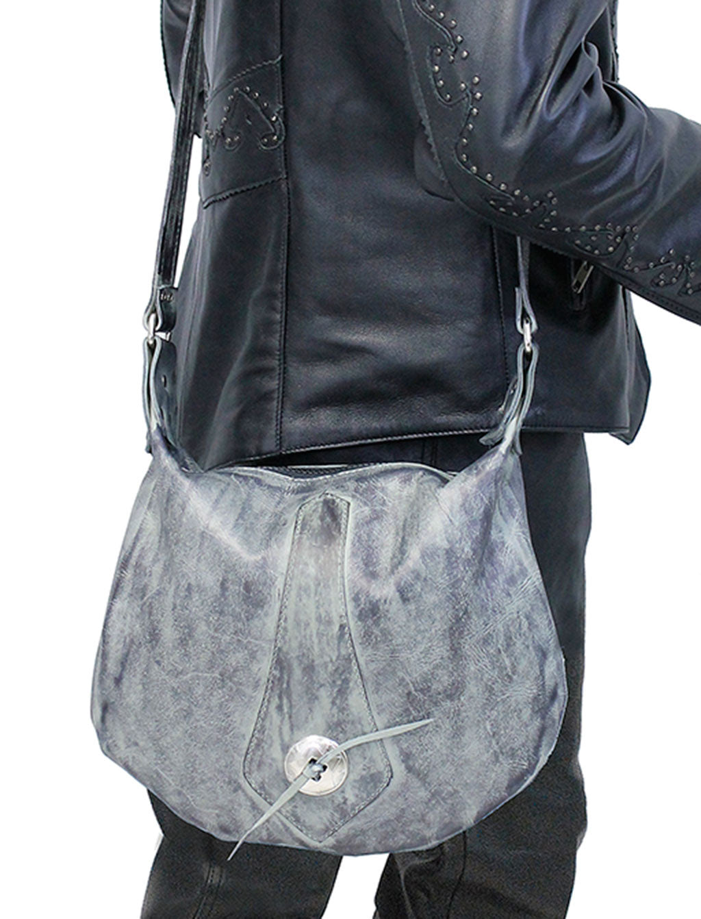 Hand Antiqued Gray Leather Concho Hobo Purse #PA23003CG