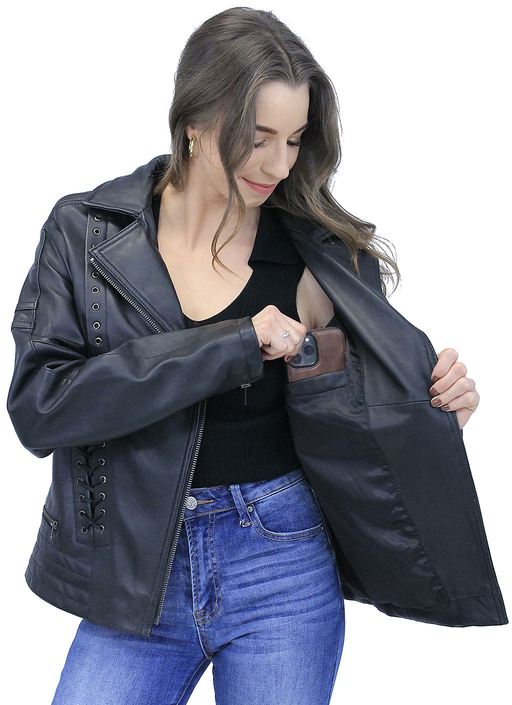 Long Black Leather Laced Eyelet Motorcycle Jacket #L69550ELK