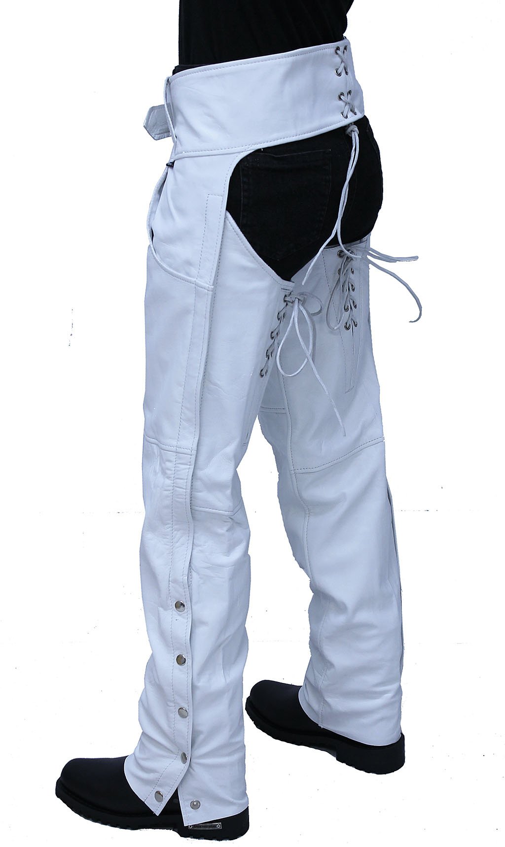 White Leather Chaps w Adjustable Back Thigh Lacing C6028LLW Jamin Leather