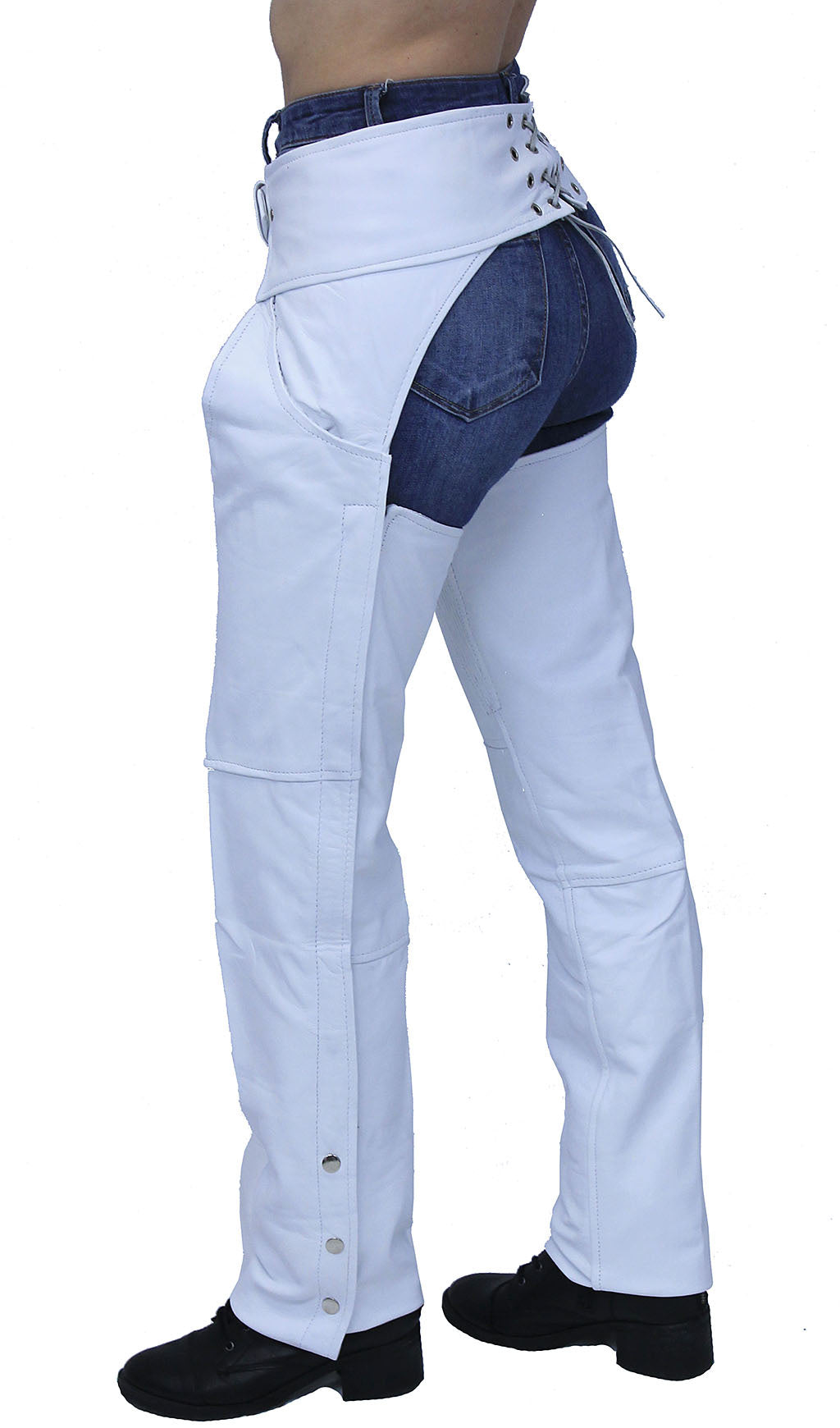 White Soft Leather Pocket Chaps w Stretch Thigh C949PSTW Jamin Leather